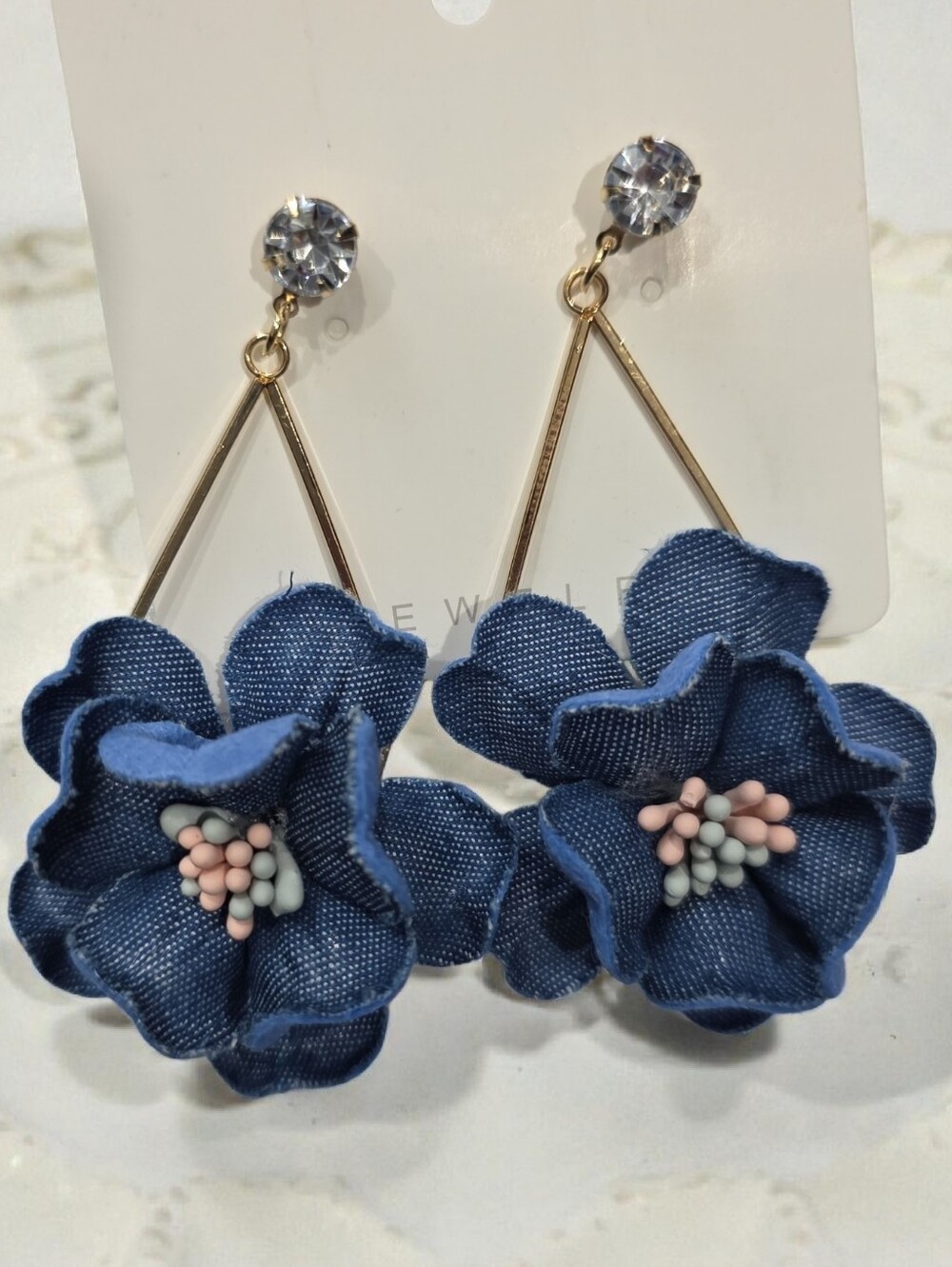 Blue Floral Drop Earrings with Crystal Studs